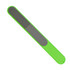 A bright green nail file with a smooth surface and a textured side for filing. Features a branding logo.