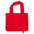 A red tote bag with two handles and a simple design, featuring a logo on one side.