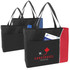 A set of three nylon tote bags in black, blue, and red, each featuring a logo and a front pocket.