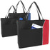 Three nylon shopper tote bags in black, blue, and red, each featuring a front pocket. Some have materials tucked inside.