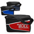 A set of three nylon cooler bags in black, blue, and red, each featuring a logo on one side.