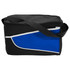 A black nylon cooler bag with a blue accent and a shoulder strap. It includes a zip closure and features a logo.