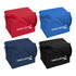 A collection of four nylon cooler bags in red, blue, navy, and black, featuring a logo on the front.