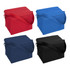 A cooler bag in red, blue, navy, and black, featuring a zippered closure and a sturdy shoulder strap.
