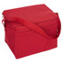 A red nylon cooler bag with a zip closure and an adjustable strap, featuring a pocket on the side and a logo.