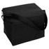 A black nylon cooler bag with a zip closure and a shoulder strap, featuring one side pocket and a logo.
