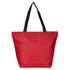 A red tote bag with black handles. The bag features a logo on one side.