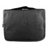 A grey toiletry bag featuring a handle, with a simple design and a logo on the front.