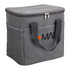 A grey nylon cooler bag with a zippered top and sturdy handles, featuring a logo on the front.