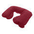 A red travel neck pillow with a unique shape, featuring a soft, cushioned texture and a logo.