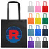 A black non-woven reusable grocery bag with a circular logo featuring a red "R," surrounded by various coloured bags.