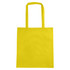 A bright yellow tote bag with long handles and a V gusset, featuring a logo.