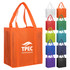 An orange non-woven shopping bag with two handles and a logo, surrounded by bags in various colours.