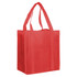 A red non-woven shopping bag with sturdy handles and a simple design, featuring a logo.