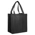 A black non-woven shopping bag with dual handles and a sturdy design, featuring a branding logo.