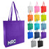 A purple non-woven reusable grocery bag with large gussets and various other bag colours displayed alongside.