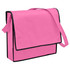 A pink non-woven flap satchel with a black trim and shoulder strap, featuring a logo.