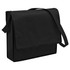A black non-woven flap satchel with a shoulder strap and a fold-over flap. It features a logo on the front.