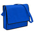 A blue non-woven flap satchel bag with black trim and an adjustable shoulder strap. It features a front flap and logo.