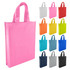 A pink non-woven tote bag with multiple colour options including grey, red, orange, yellow, blue, and black.