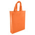 An orange non-woven tote bag with two handles and a blank surface, featuring a logo on one side.