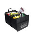 A black non-woven cargo organiser filled with various grocery items and a drink bottle, featuring a logo.