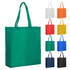 A green extra large non-woven reusable grocery bag with two handles, displayed alongside bags in various colours.