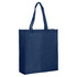 A large navy blue non-woven reusable grocery bag with a gusset and dual handles. It features a logo on the side.