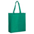 A large green non-woven reusable grocery bag with gusset and dual handles. It features a logo on the front.
