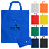 A blue foldable shopping bag with a logo, available in multiple colours including grey, orange, yellow, green, and black.