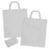 A light grey non-woven foldable shopping bag with handles and a front pocket, folded for storage. It features a logo.