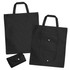 A black non-woven foldable shopping bag, featuring two styles and a logo, with a compact rolled version.