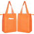 An orange non-woven cooler bag with top zip closure and handles, featuring a pocket on one side and a logo.
