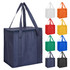 A navy non-woven cooler bag with a zipped lid, featuring sturdy handles. Available in multiple colours.