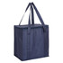 A navy non-woven cooler bag with a zipped lid and sturdy handles, designed for carrying drinks and food items.