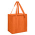 An orange non-woven cooler bag with a zipped lid and dual handles, featuring a logo.