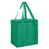 A green non-woven cooler bag with a zipped lid and two sturdy handles. It has a logo on the side.