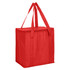 A red non-woven cooler bag with a zipped lid and two sturdy handles, featuring a logo.