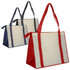 Three non-woven large zipped shopping bags in red, navy, and black, each with contrasting straps and a logo.