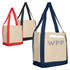 A set of three non-woven larger shopper bags in red, black, and navy, featuring a front pocket and a logo.