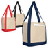 A tan reusable grocery bag in red, black, and navy, featuring handles and a pocket, with a logo on the side.