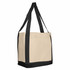 A beige reusable grocery bag with black straps and a sturdy design. It features a branding logo.