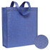 A blue patterned non-woven tote bag with sturdy handles and a textured finish. Logo visible on the bag.