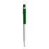 A plastic pen featuring a green grip and white barrel, complete with a branding logo.