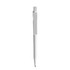 A white plastic pen with a clear grip and clip, featuring a branding logo on its side.