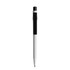 A plastic pen in white with black accents, featuring a click mechanism and a logo on the side.