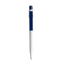 A plastic pen with a blue top and white body, featuring a logo on the barrel.