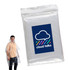 A clear plastic poncho displayed with a packaging bag featuring a logo. A person is wearing the poncho.