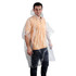 A clear plastic poncho worn by a man over an orange shirt, featuring a hood and a loose fit.