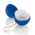 A blue container with a keychain holds a rolled-up white poncho inside. The container has a glossy finish.
